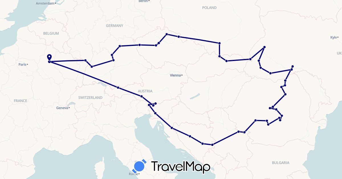 TravelMap itinerary: driving in Austria, Bosnia and Herzegovina, Czech Republic, Germany, France, Croatia, Poland, Romania, Serbia, Slovenia, Slovakia, Ukraine (Europe)